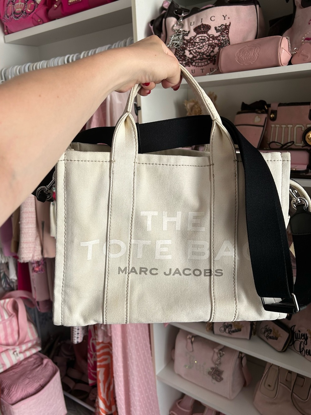 Marc Jacobs Cream/White Canvas The Tote Bag With Black Strap - Picture 2 of 11